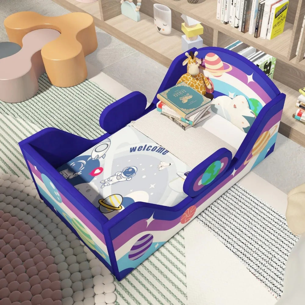 Toddler Bed Round, Toddler Bed with Rail and round Headboard, Standard Crib Size Toddler Upholstered Bed for Children 18 Months