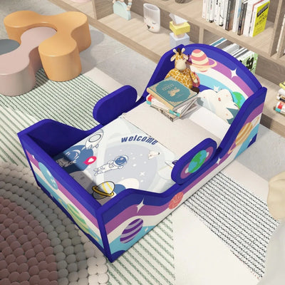 Toddler Bed Round, Toddler Bed with Rail and round Headboard, Standard Crib Size Toddler Upholstered Bed for Children 18 Months