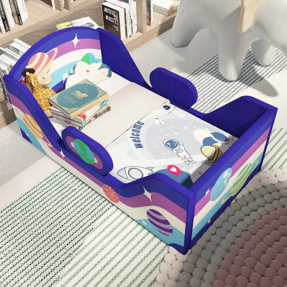 Toddler Bed Round, Toddler Bed with Rail and round Headboard, Standard Crib Size Toddler Upholstered Bed for Children 18 Months