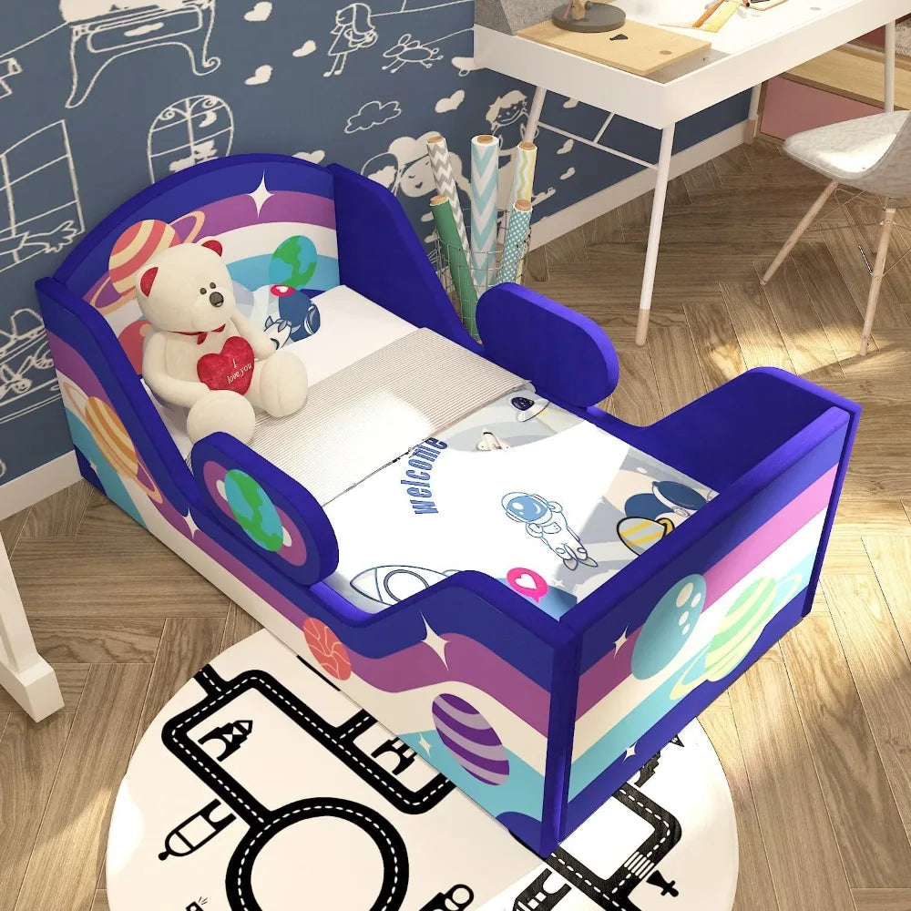 Toddler Bed Round, Toddler Bed with Rail and round Headboard, Standard Crib Size Toddler Upholstered Bed for Children 18 Months