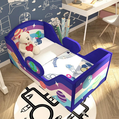 Toddler Bed Round, Toddler Bed with Rail and round Headboard, Standard Crib Size Toddler Upholstered Bed for Children 18 Months