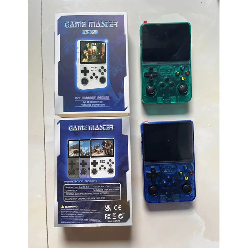 R36S Handheld Game Console 3.5-Inch Retro Handheld Video Games Consoles 64GB Built-In 15000 Games Blue Color and Green Color