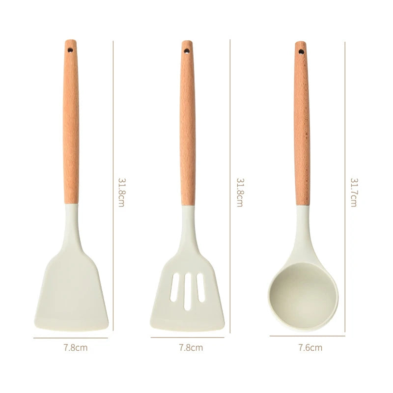Silicone Kitchen Tools Wooden Handle Kitchenware Set Non Stick Pot Wooden Handle Silicone Scoop Kitchen Utensils Set
