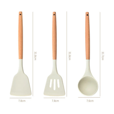 Silicone Kitchen Tools Wooden Handle Kitchenware Set Non Stick Pot Wooden Handle Silicone Scoop Kitchen Utensils Set