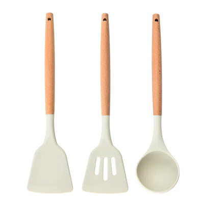 Silicone Kitchen Tools Wooden Handle Kitchenware Set Non Stick Pot Wooden Handle Silicone Scoop Kitchen Utensils Set