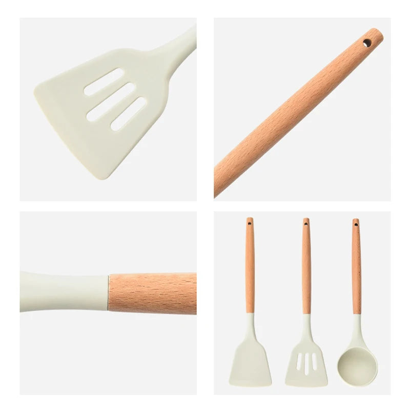 Silicone Kitchen Tools Wooden Handle Kitchenware Set Non Stick Pot Wooden Handle Silicone Scoop Kitchen Utensils Set