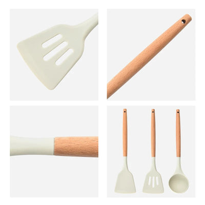 Silicone Kitchen Tools Wooden Handle Kitchenware Set Non Stick Pot Wooden Handle Silicone Scoop Kitchen Utensils Set