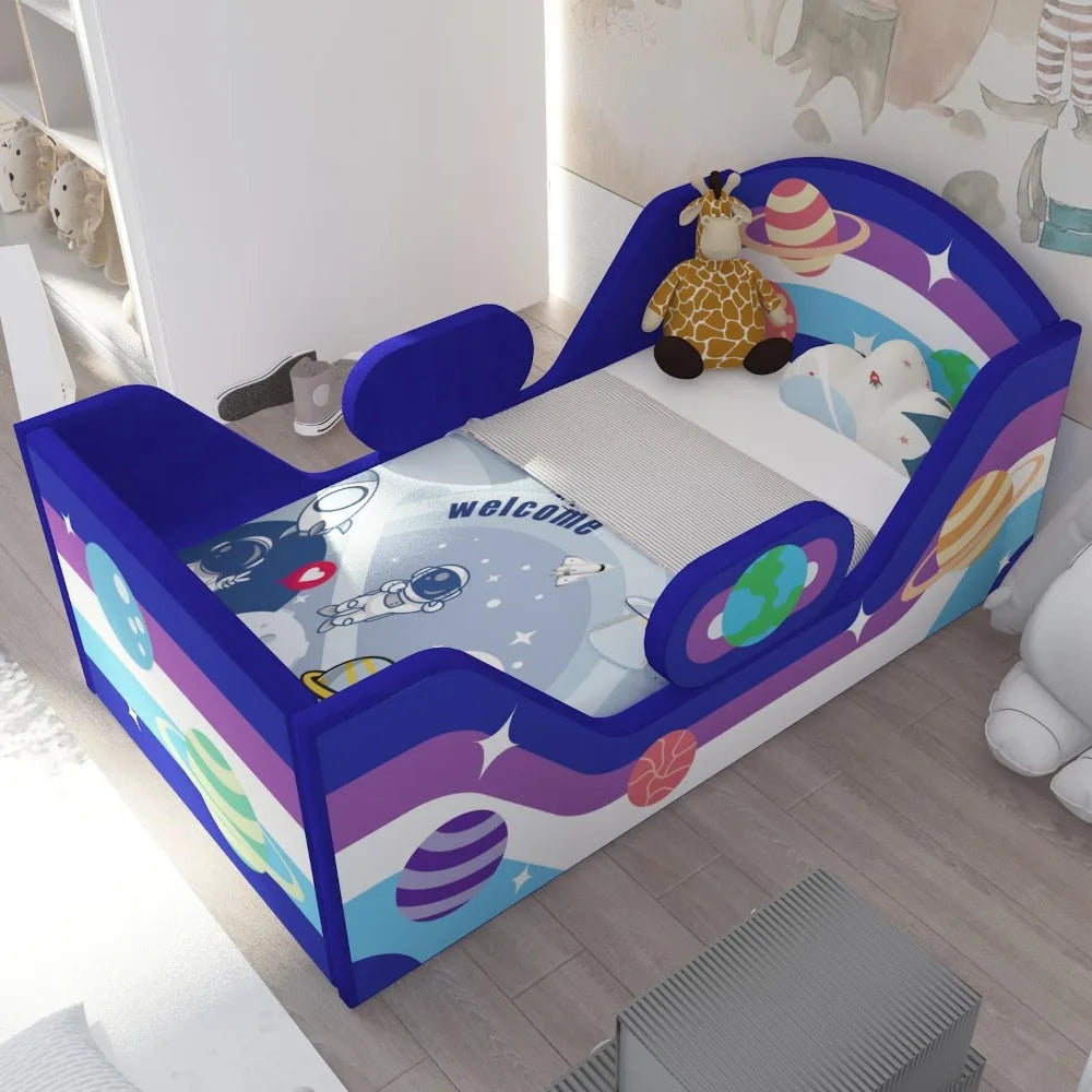 Toddler Bed Round, Toddler Bed with Rail and round Headboard, Standard Crib Size Toddler Upholstered Bed for Children 18 Months