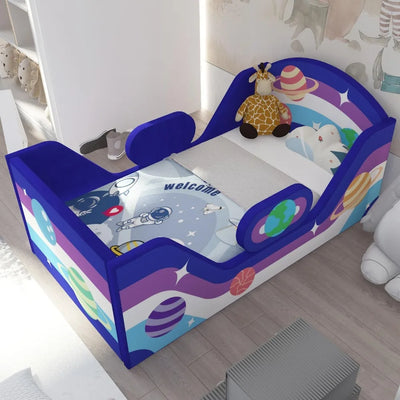 Toddler Bed Round, Toddler Bed with Rail and round Headboard, Standard Crib Size Toddler Upholstered Bed for Children 18 Months