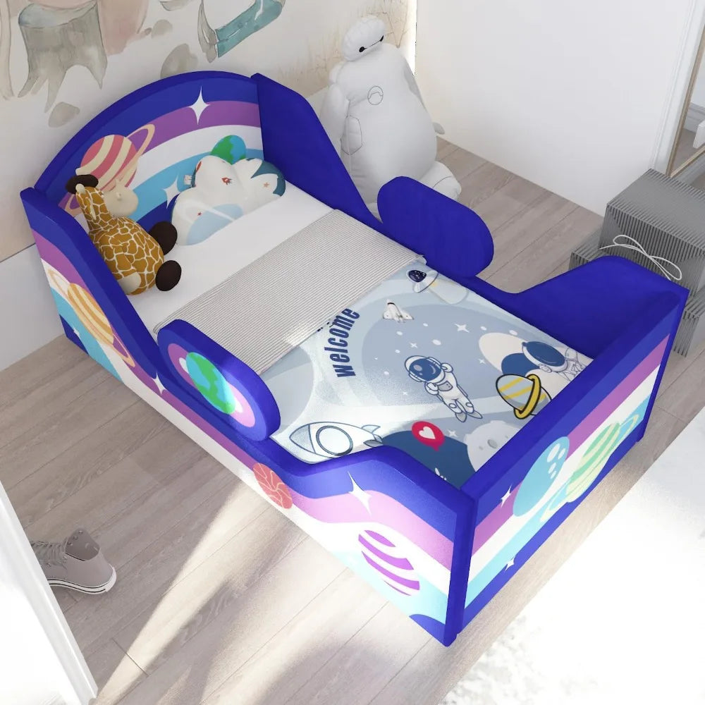 Toddler Bed Round, Toddler Bed with Rail and round Headboard, Standard Crib Size Toddler Upholstered Bed for Children 18 Months