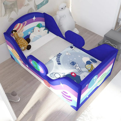 Toddler Bed Round, Toddler Bed with Rail and round Headboard, Standard Crib Size Toddler Upholstered Bed for Children 18 Months