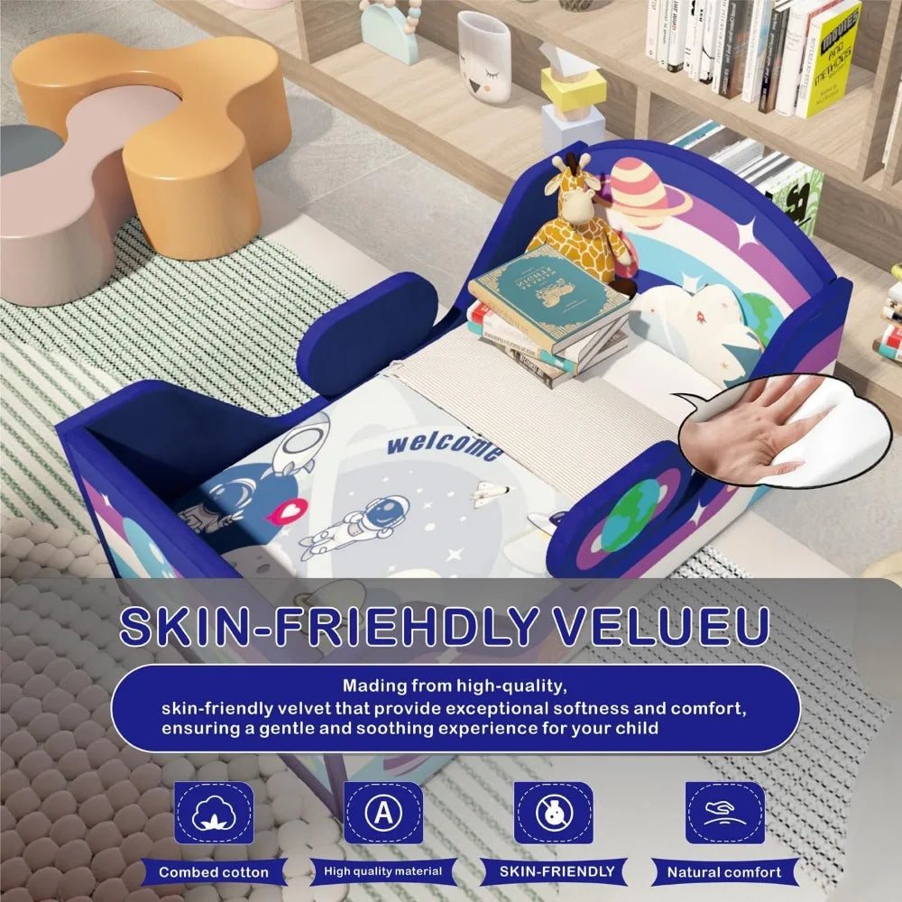 Toddler Bed Round, Toddler Bed with Rail and round Headboard, Standard Crib Size Toddler Upholstered Bed for Children 18 Months